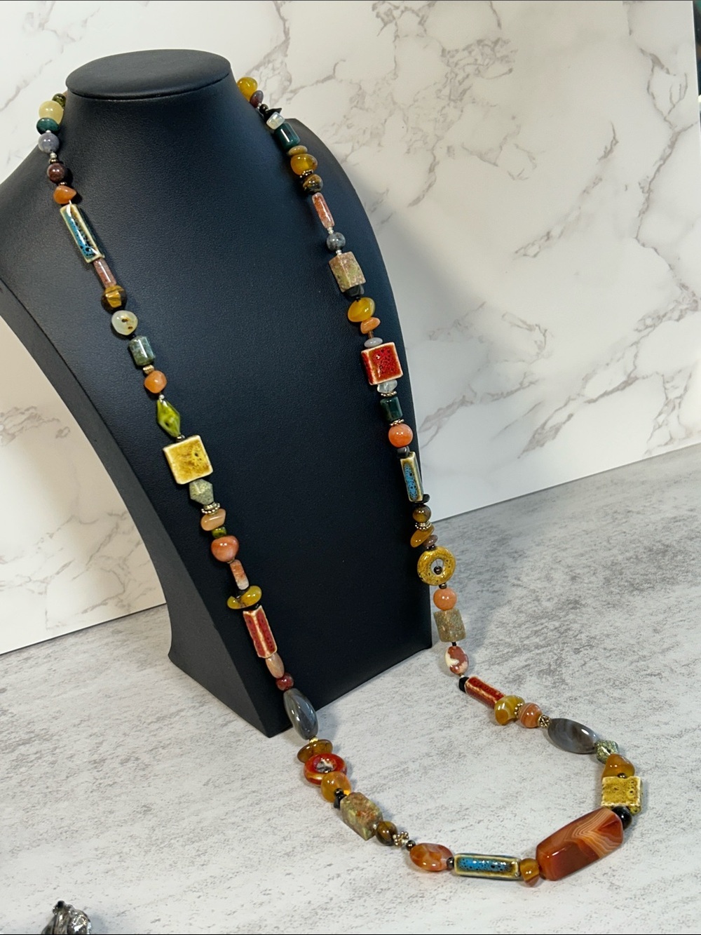 Multi-Color Ceramic and Agate Stone Long Necklace